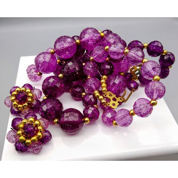 Vintage Sparkly Purple Parure, Faceted Double Strand Necklace and Matching Clip - Picture 4 of 4